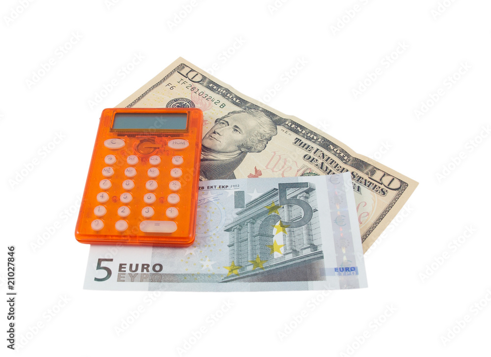 Calculator with 5 euro and 10 dollar banknotes, over white Calculator with 5 euro and 10 dollar banknotes, over white