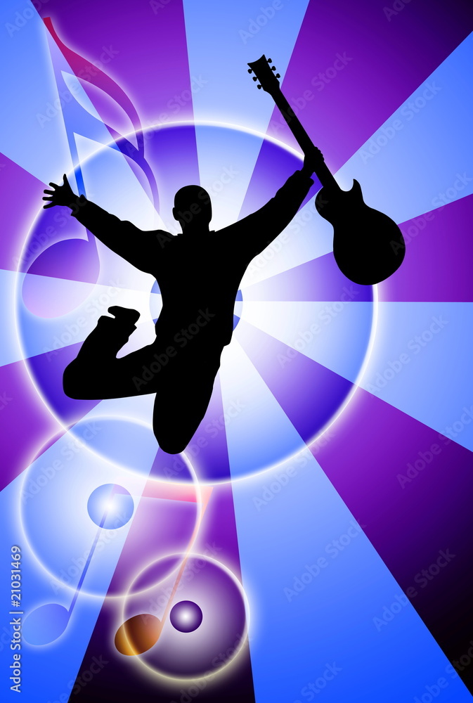 jumping man with guitar silhouette on abstract background