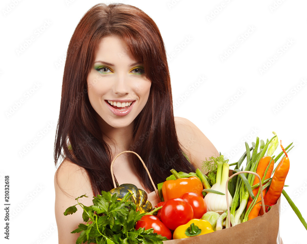 Smiling woman with fruits and vegetables. Smiling woman with fruits and vegetables.