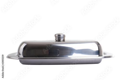 Stainless butterdish on a white background