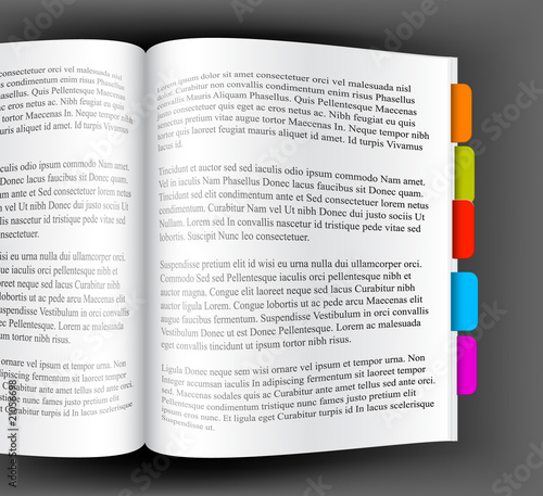 Open book with colorful bookmarks