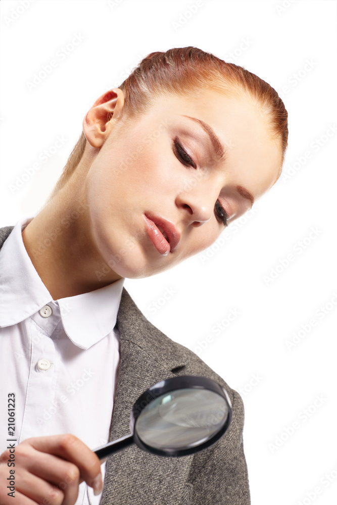 portrait of young businesswoman with magnifying glass portrait of young businesswoman with magnifying glass