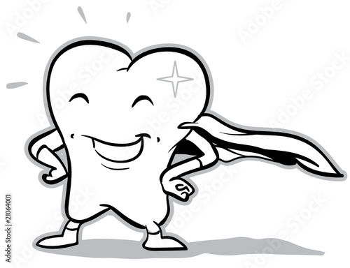 vector happy superhero tooth (black and white)