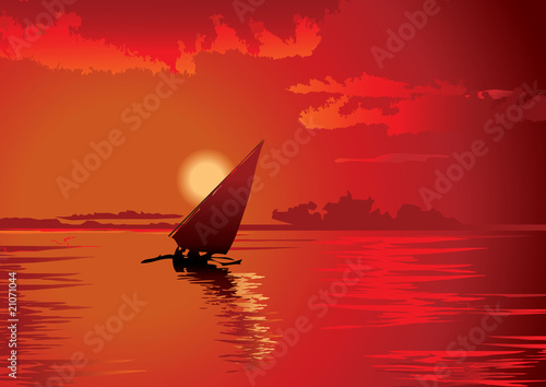 Beautiful voyage at sunset. Vector art-illustration.