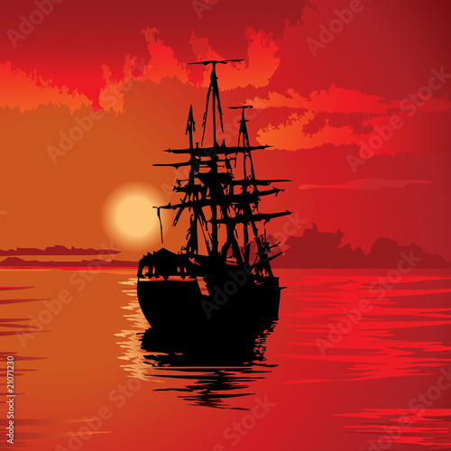 Flying Dutchman on a red background. Vector art-illustration.