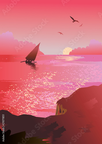 Beautiful voyage at sunset. Vector art-illustration.