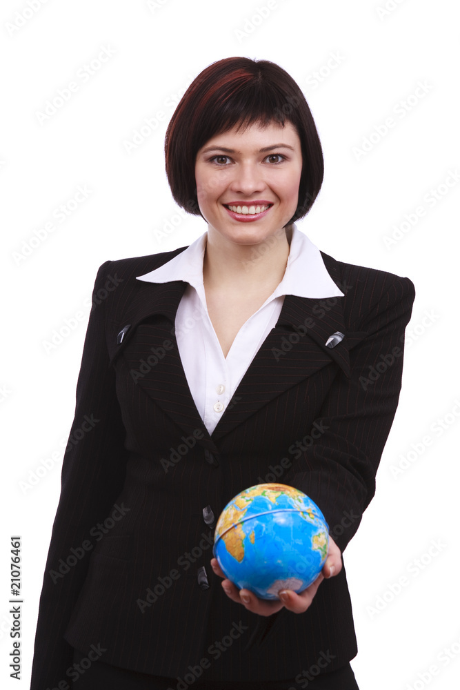 Businesswoman holding Earth globe on a hand Businesswoman holding Earth globe on a hand