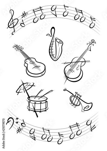 Drum, guitar, trumpet, sax, kontrabas music instruments black