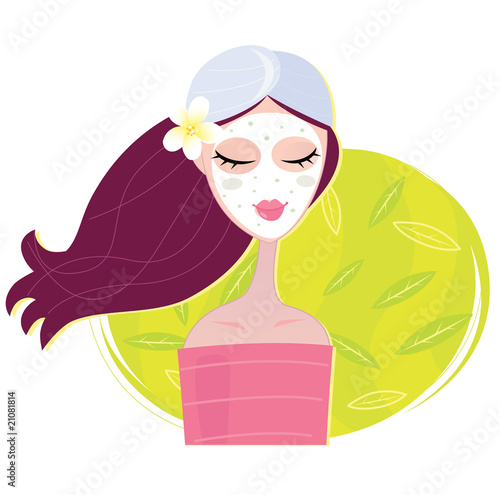 Spa girl with regeneration facial mask. VECTOR.