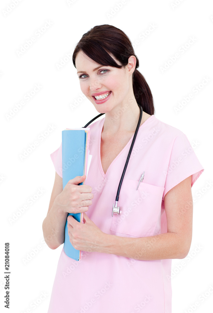 Portrait of a brunette nurse holding a stethoscope Portrait of a brunette nurse holding a stethoscope