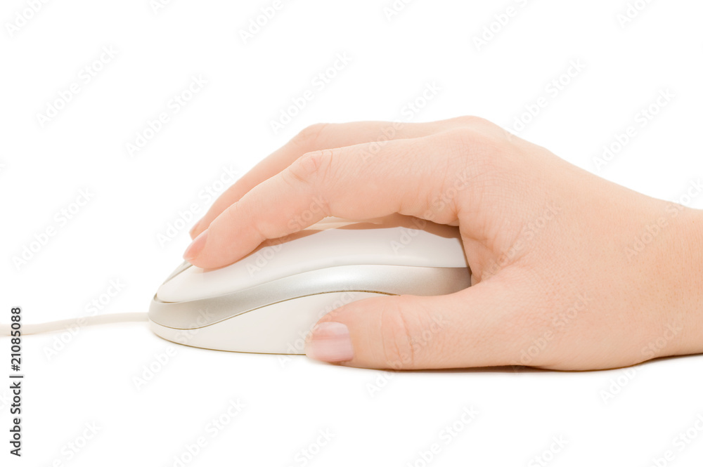 Hand with a computer mouse isolated on white Hand with a computer mouse isolated on white