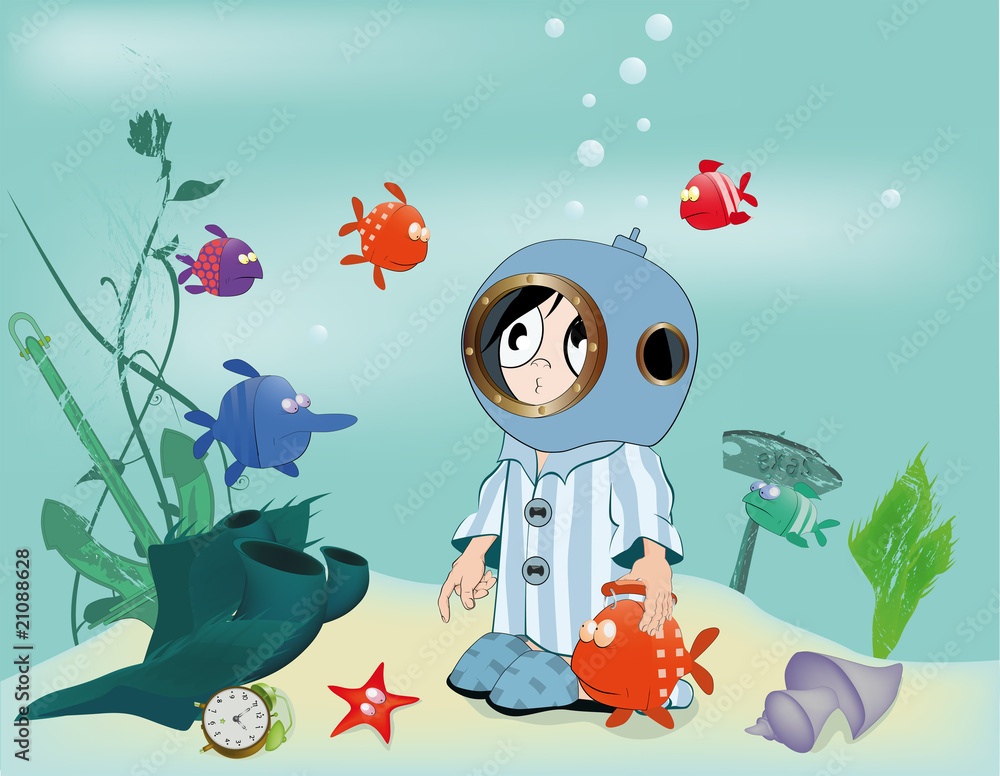 Naklejka premium The boy in an aqualung the sea and small fishes