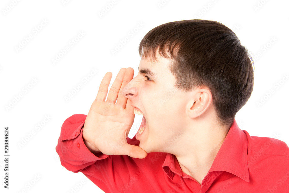 young man in a red shirt screaming isolated on white young man in a red shirt screaming isolated on white