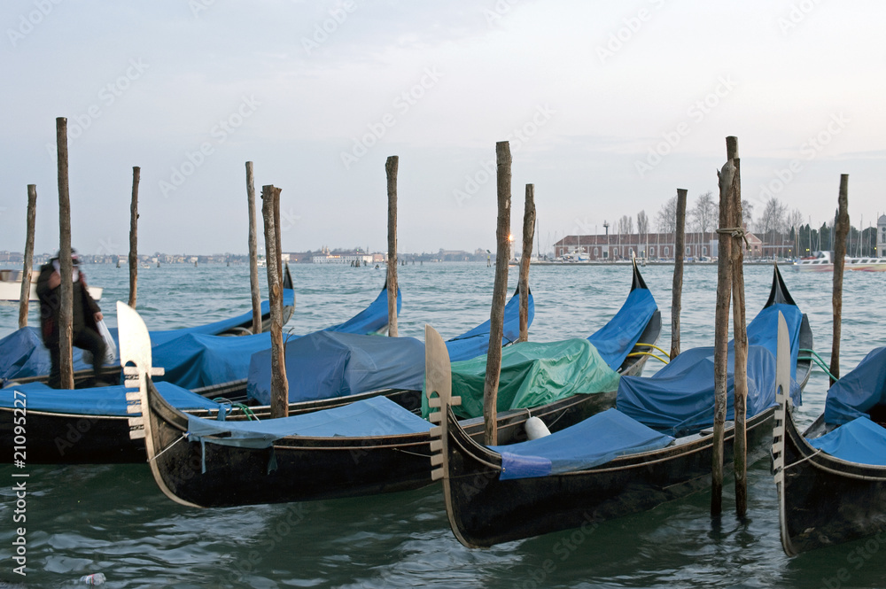 Gondolas moored in St Mark dock at sunset, Venice, Italy