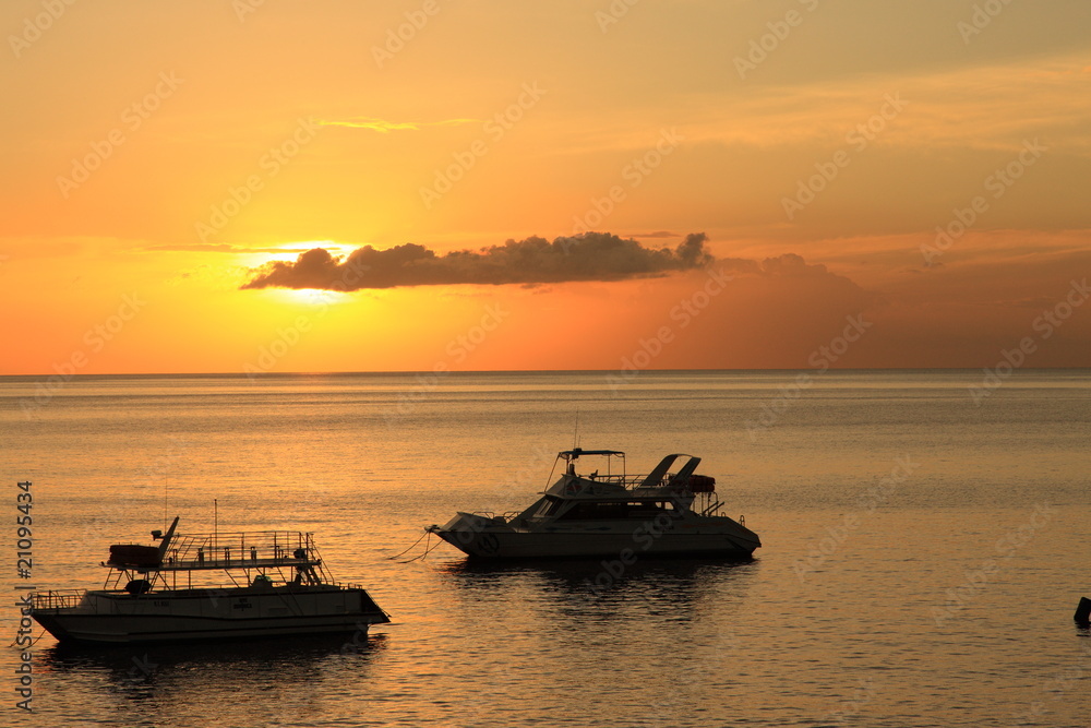 Sunset over ocean on Dominica in the Caribbean