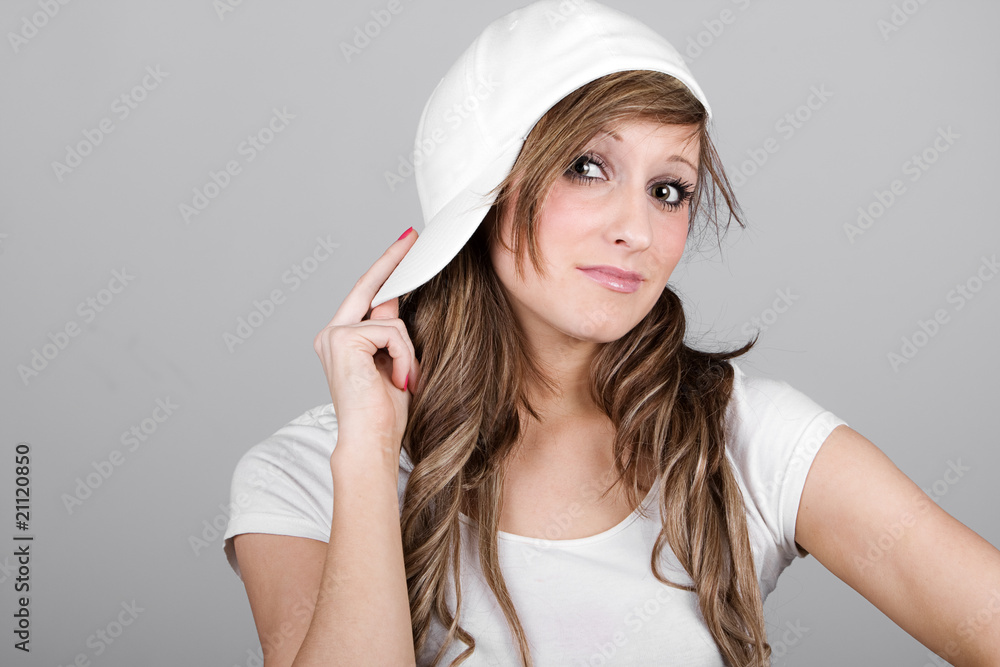 Beautiful Teenager Girl in a White Baseball Cap Beautiful Teenager Girl in a White Baseball Cap