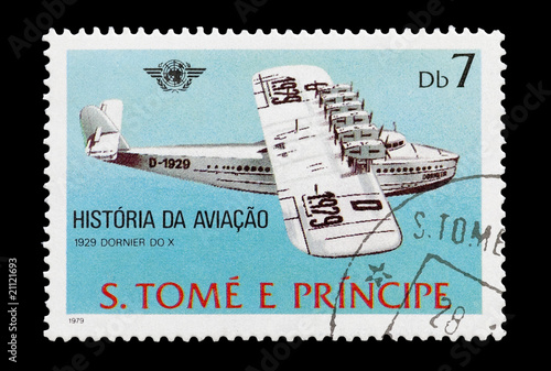 mail stamp printed in African featuring a 1929 Dornier seaplane photo