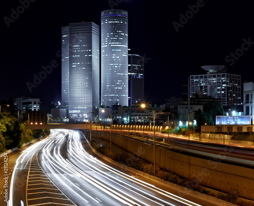 Night view of Azrieli complex and Ayalon Highway in Tel Aviv