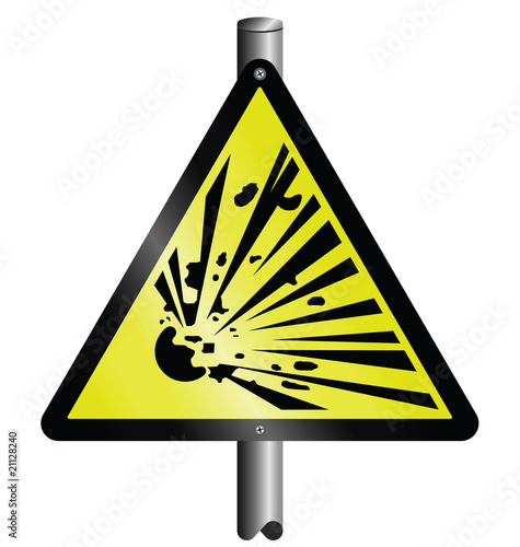 Explosive hazard warning sign mounted on post