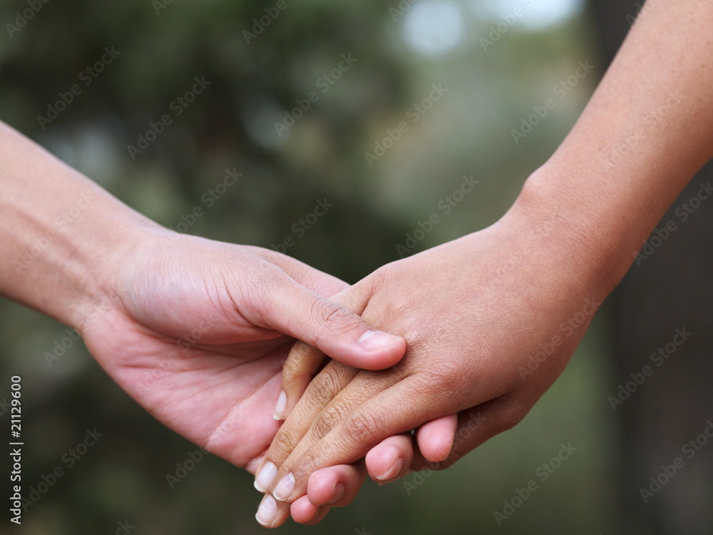 Lovers couple holding hands in a forest (summer/spring). Lovers couple holding hands in a forest (summer/spring).
