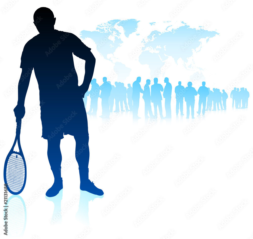 Tennis Player on World Map Background with Crowd Tennis Player on World Map Background with Crowd