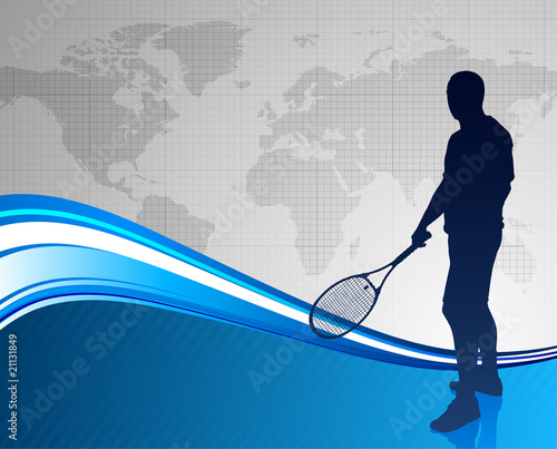 Tennis Player on Abstract Blue Background with Worl Map
