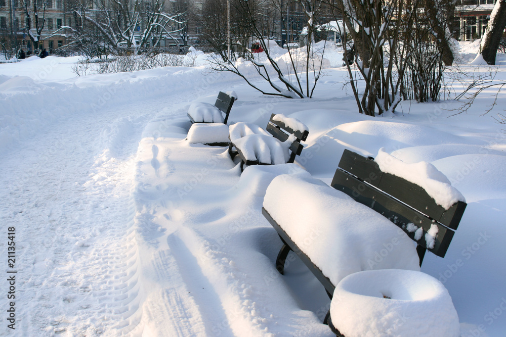 Winter benches in center of Riga