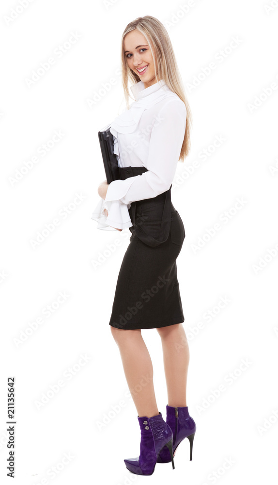 Business women isolated on white. Looks at camera.