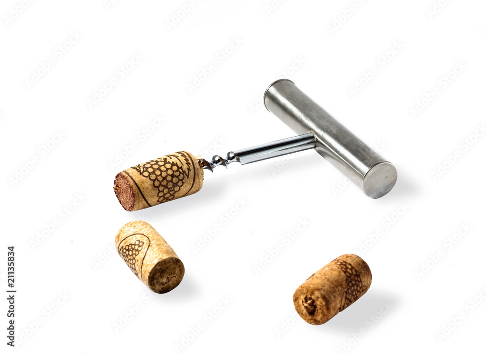Corkscrew and wine cork isolated on white