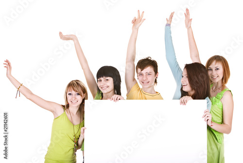 Group of people with hand up take banner. Isolated.