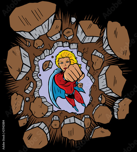 Superhero punching through wall