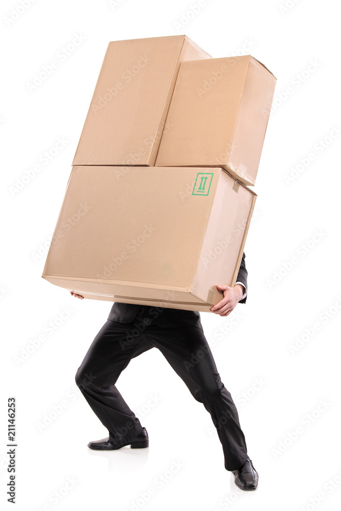 Businessman carrying paper boxes isolated on white Businessman carrying paper boxes isolated on white