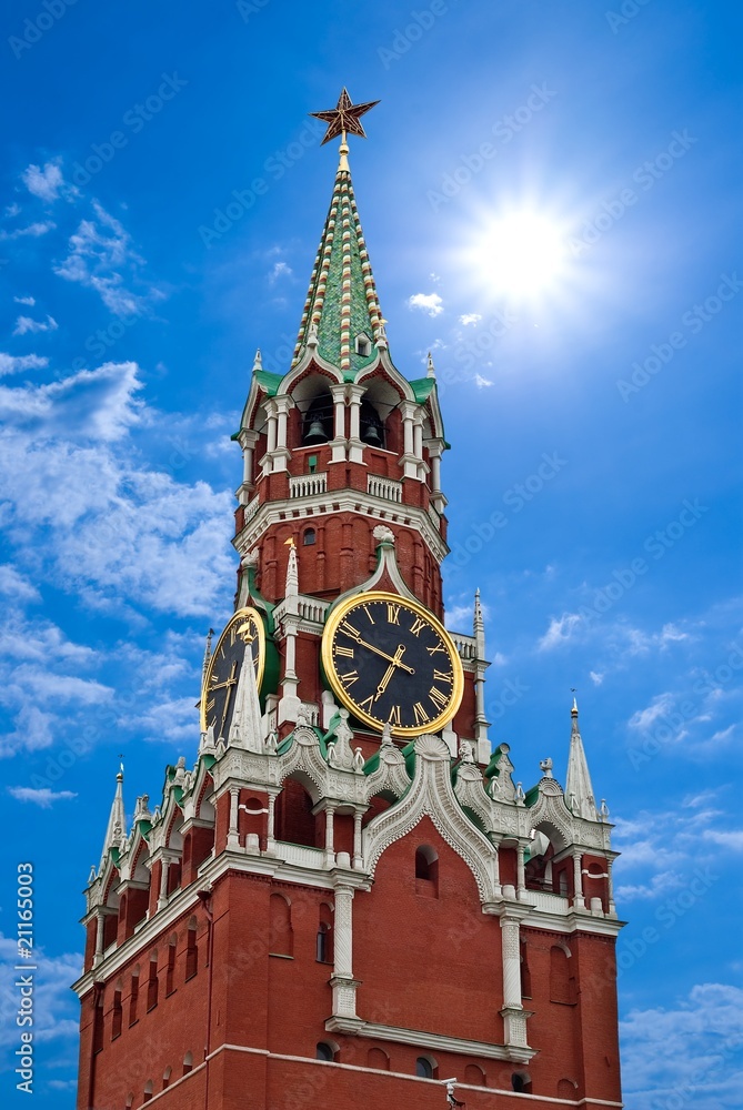 kremlin tower on a sparkle sun background