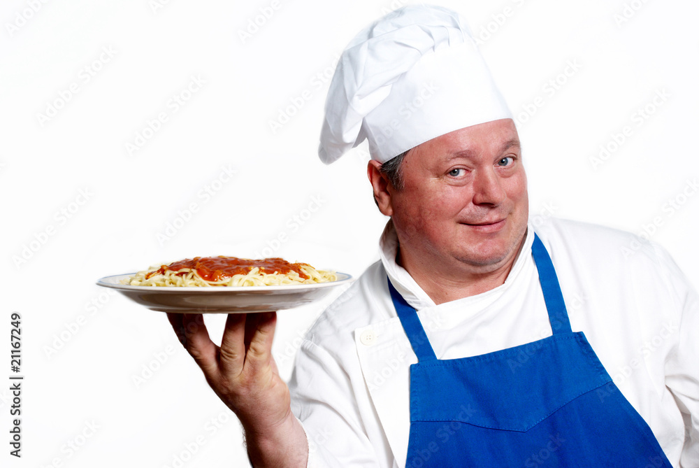 Portrait of happy attractive cook with spaghetti Portrait of happy attractive cook with spaghetti
