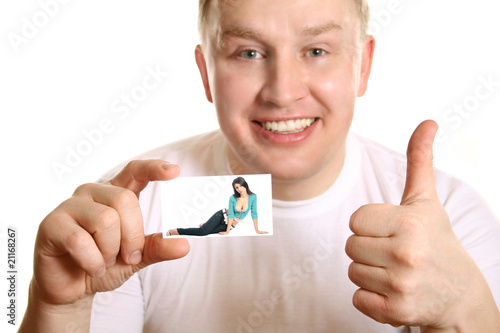 man with card of girl and thumb up, collage