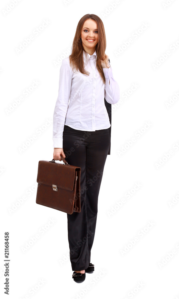 Positive business woman smiling over white background. Positive business woman smiling over white background.