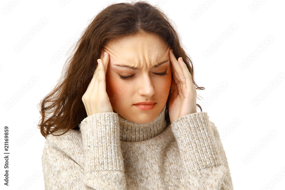 yuong woman holding head in pain over white background yuong woman holding head in pain over white background