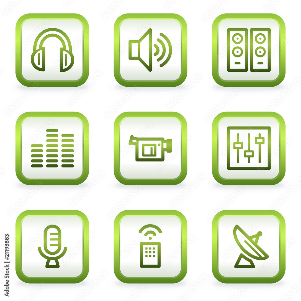 Media web icons, square buttons, green contour Media web icons, square buttons, green contour