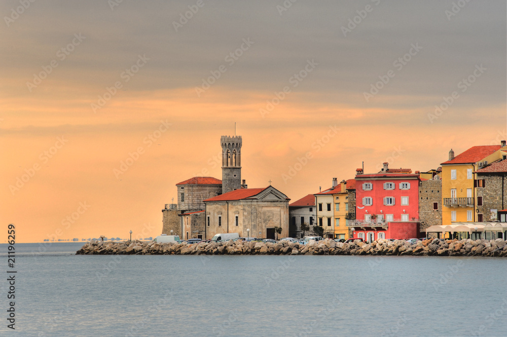 Punta church on the end of a cape in ancient slovenian city Piran at dsk