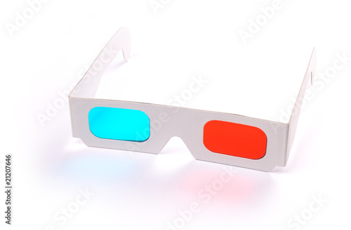 a pair of paper 3D red cyan anaglyph glasses