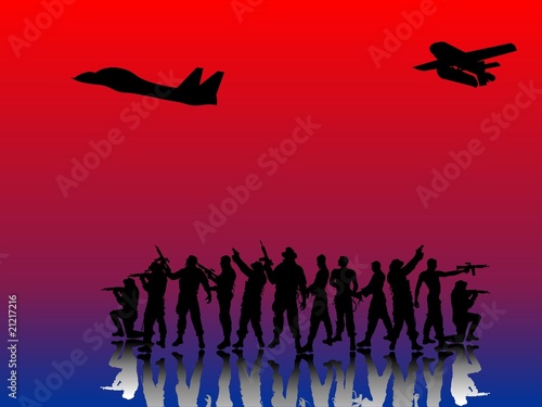 Soldaten mit Flugzeug am Abendhimmel