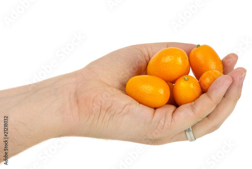 Hand holding some kumquat fruits