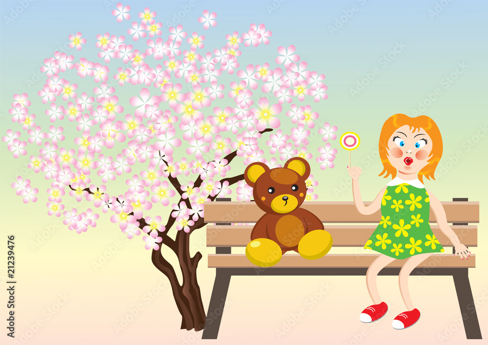 Naklejka premium Girl with teddy bear in the garden.