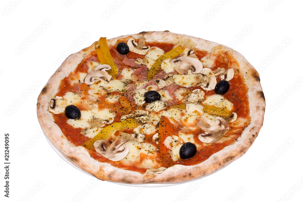 Pizza with ham, mozzarella, peppers, mushrooms and olives