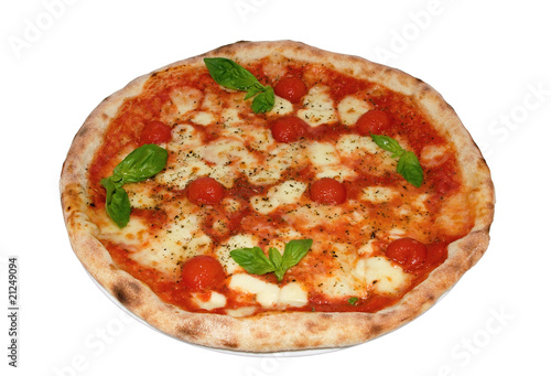 Pizza with mozzarella, cherry and basil on a white