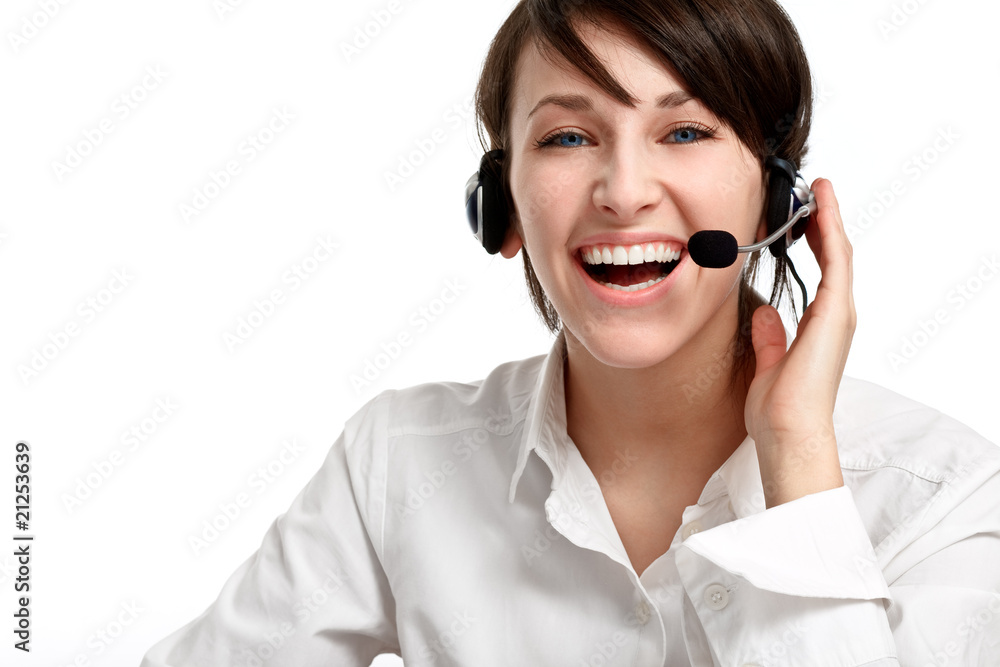 woman operator with headset - microphone and headphones woman operator with headset - microphone and headphones