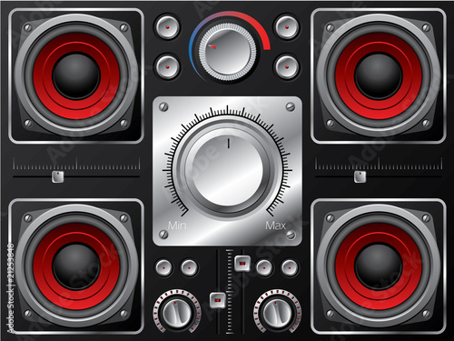 Red speakers with amplifier and knobs