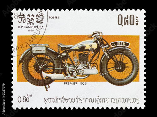 Kampuchean stamp featuring a vintage Premier motorcycle