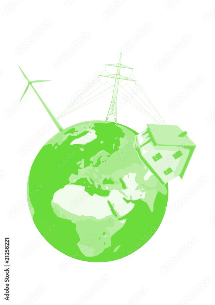 Haus mit Windrad und Strommast auf Erde - grün Haus mit Windrad und Strommast auf Erde - grün