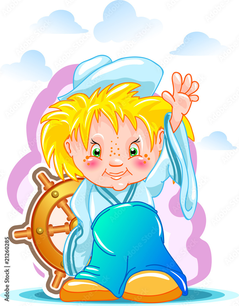 Naklejka premium cute sailor with ship wheel